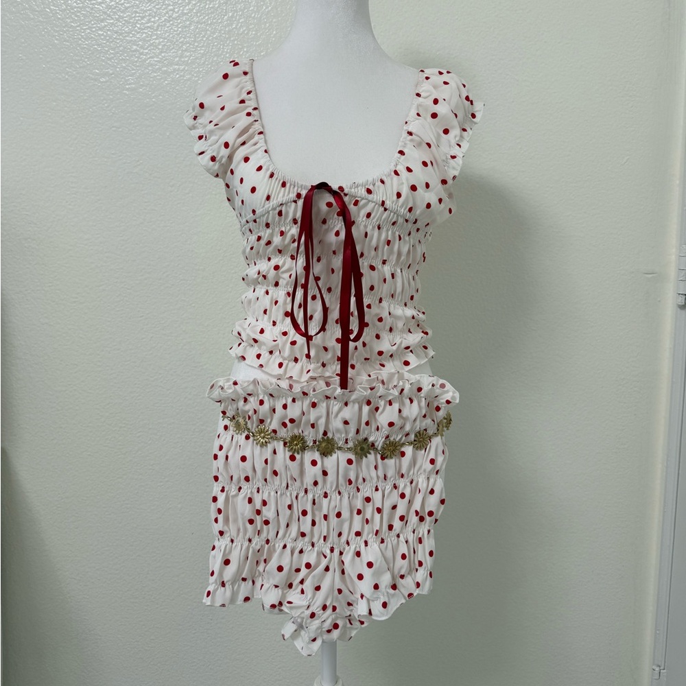 White and Red Polka Dot Ruched Top and Short Set